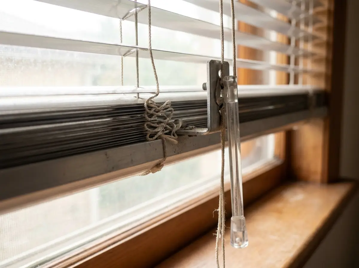 Close detail of aluminium venetian blind slats and tilt wand — blind repairs and restringing in Morningside