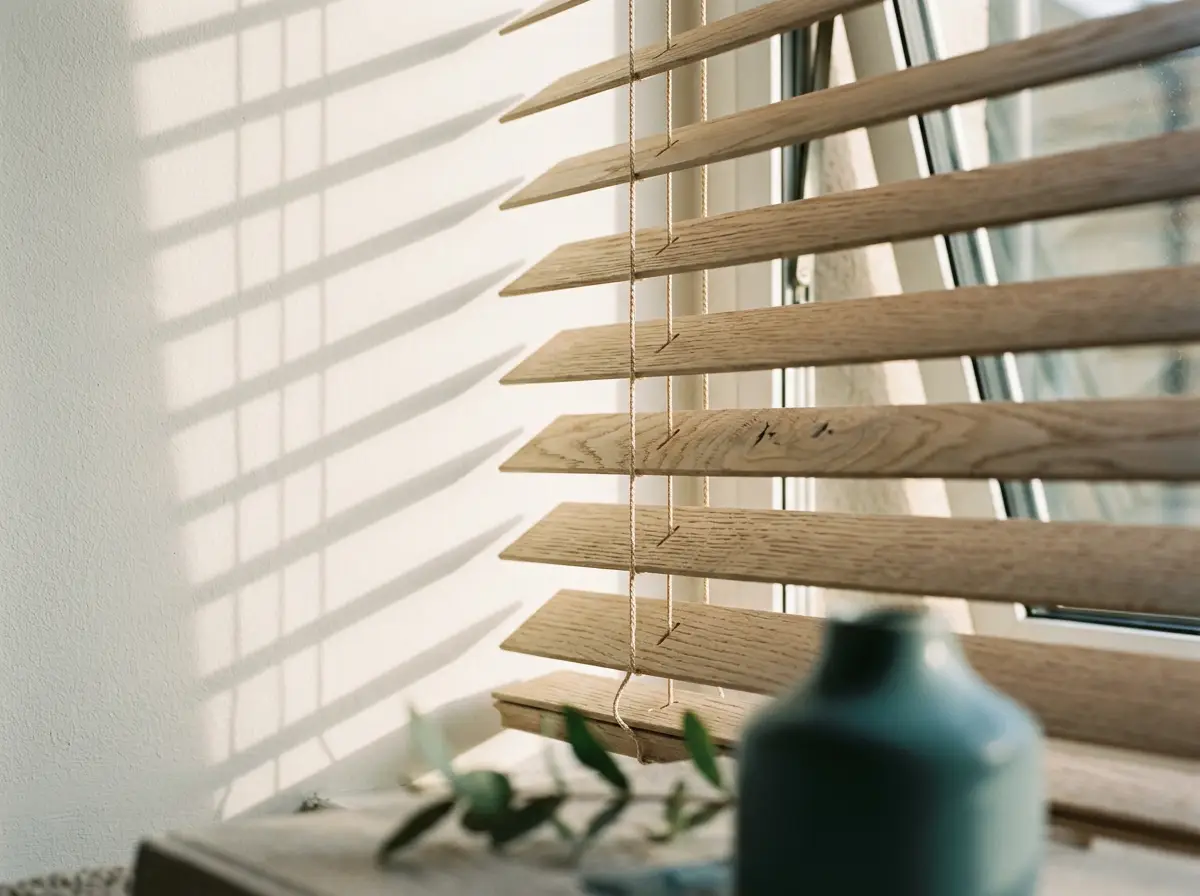 Timber venetian slats tilted against low afternoon sun on the sill of an older Illovo home