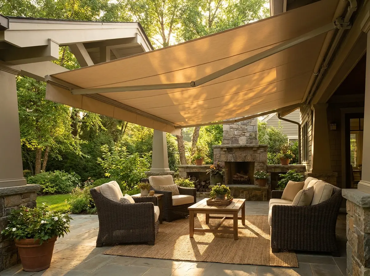 Retractable folding-arm awning extended over an entertainment patio at a Morningside home