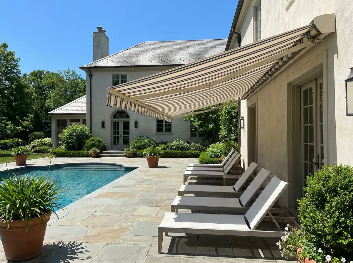 Striped folding-arm awning shading a poolside deck at a Morningside estate home