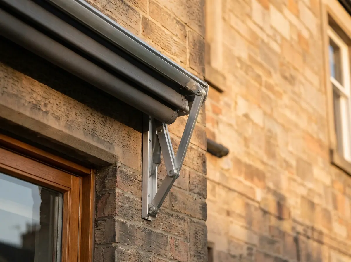 Close detail of a folding-arm awning mechanism partially retracted above a Morningside window