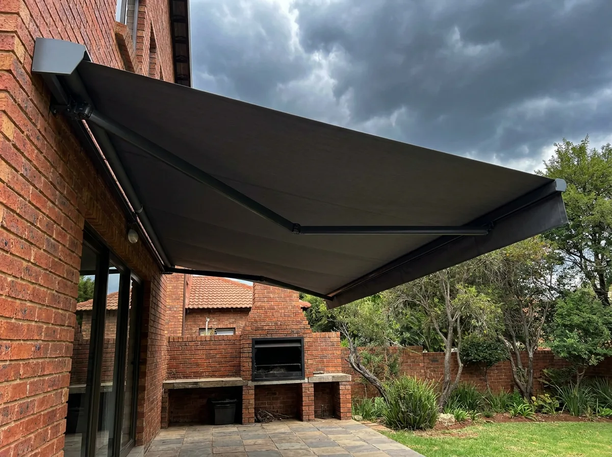 A folding-arm awning with a flat taut fabric canopy fully extended over a paved braai patio at a face-brick Johannesburg home, articulated arms visible beneath it and a Highveld summer storm building behind the garden