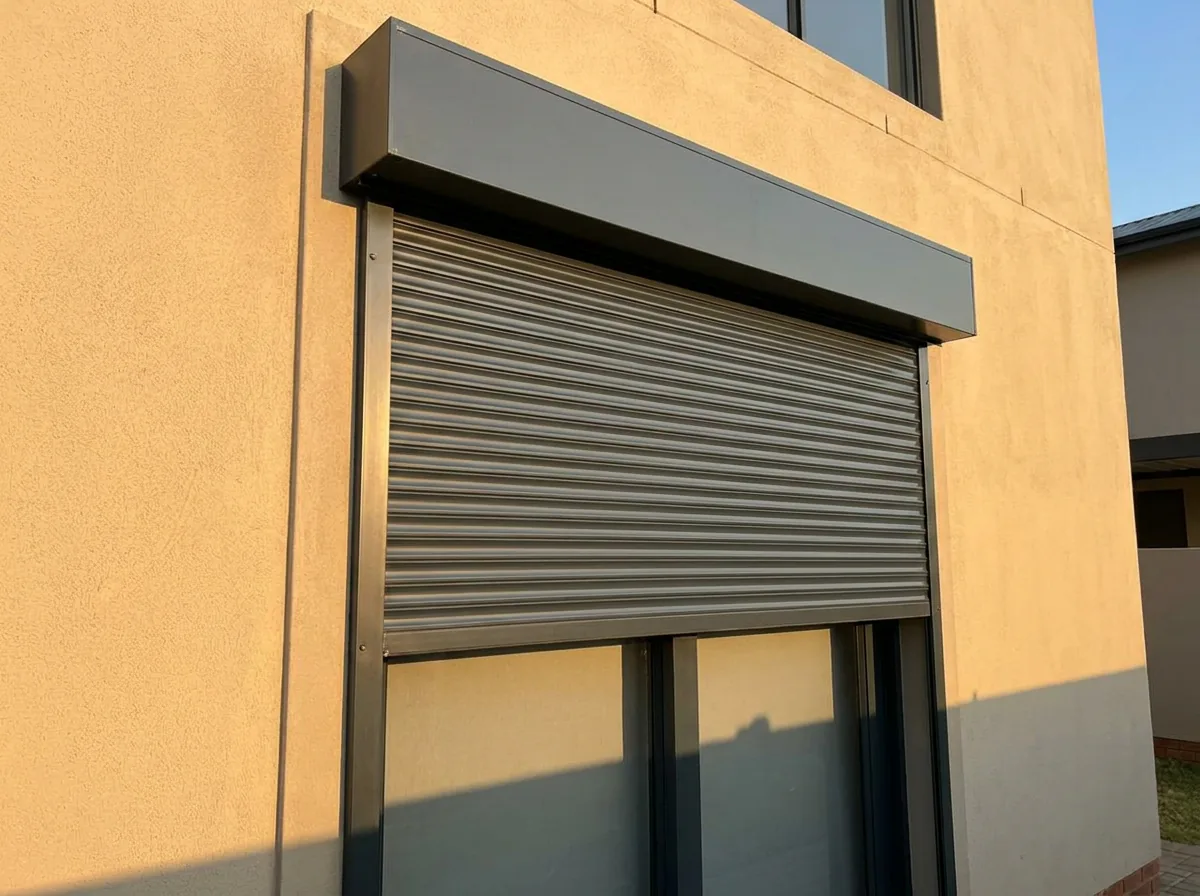 An external aluminium roller shutter of narrow horizontal interlocking slats rolling down from a headbox in slim side guides, lowered two thirds over a west-facing window on a rendered Sandton townhouse cluster