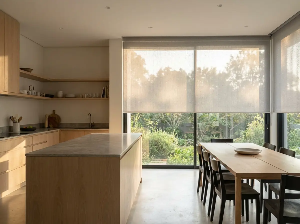 A sunscreen roller blind lowered halfway over a west-facing kitchen window in a Morningside home, softening bright afternoon glare while the garden stays visible