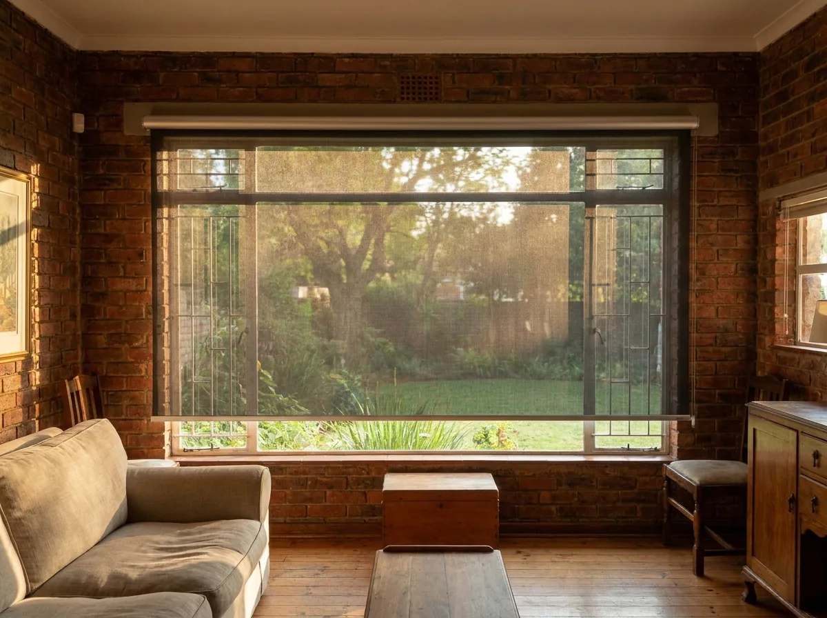 A single flat open-weave sunscreen roller blind, no folds, lowered over a wide west-facing window in an older Morningside brick home late in the afternoon, cutting the low glare while the garden stays visible