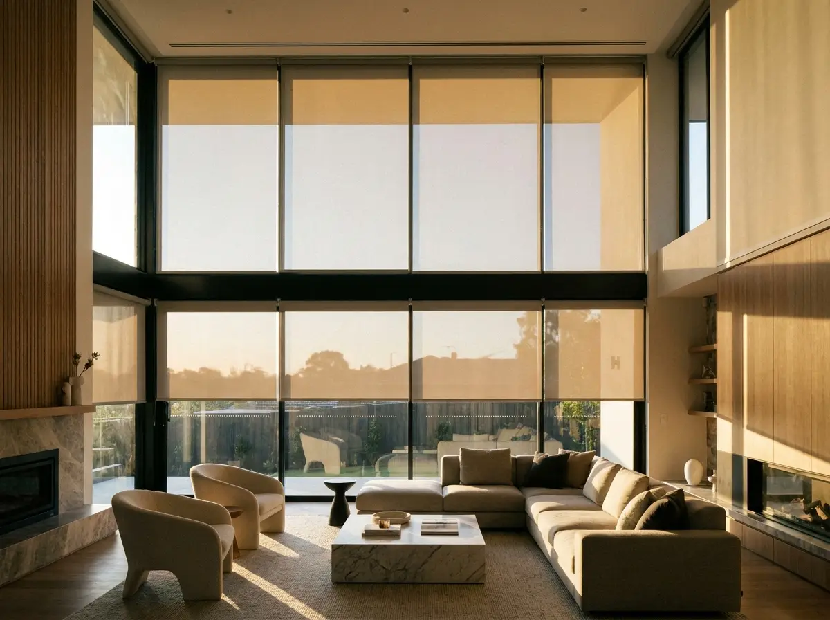 Motorised roller blinds partially lowered in unison across a wall of glazing in a double-volume Morningside living room