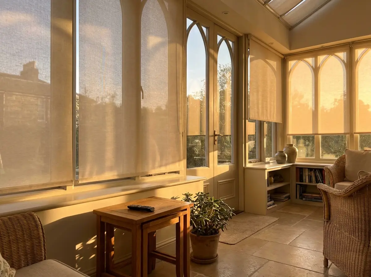 Motorised roller blinds lowering over a bank of tall windows in a Morningside sunroom