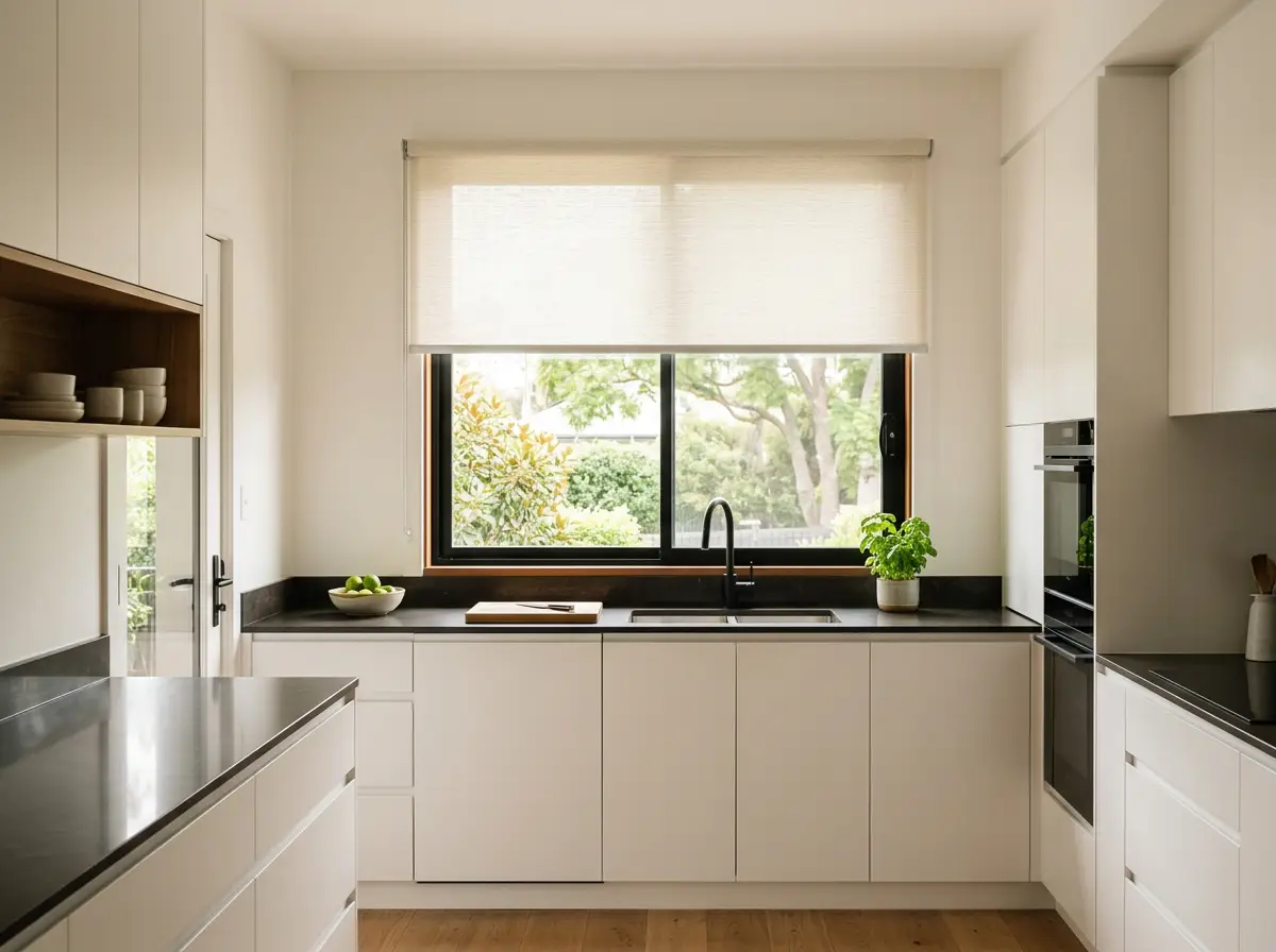 Cream sunscreen roller blind lowered halfway over a Morningside kitchen window
