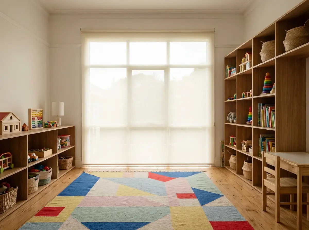Cream sunscreen roller blind lowered in a Morningside children's playroom