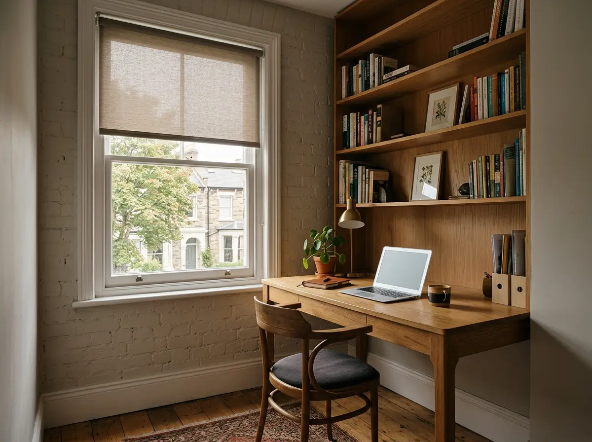 Taupe sunscreen roller blind lowered over a home office window in a Morningside townhouse