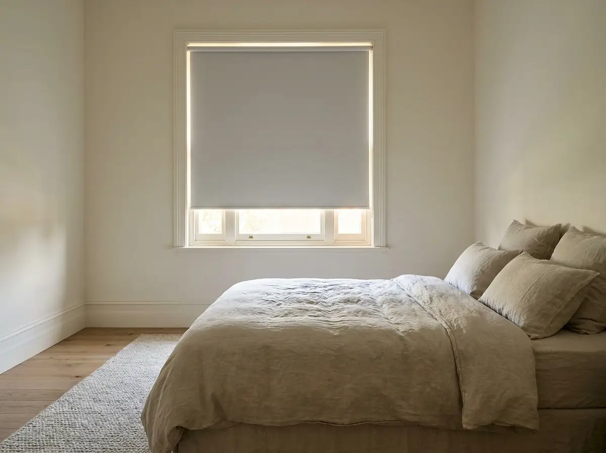 A light-filtering blockout roller blind lowered in a Morningside bedroom