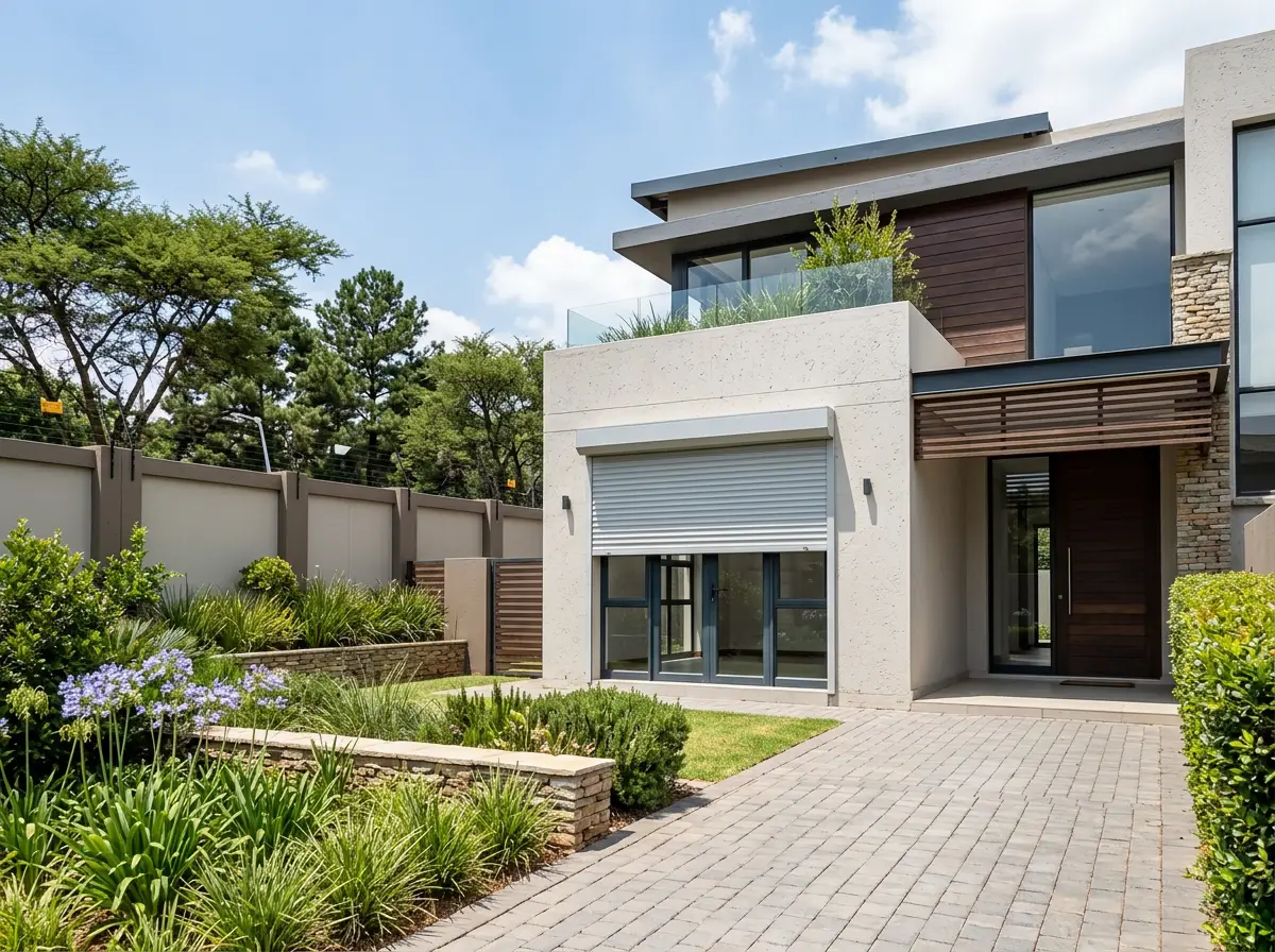 Light grey aluminium roller shutter half-lowered on a modern Morningside cluster home