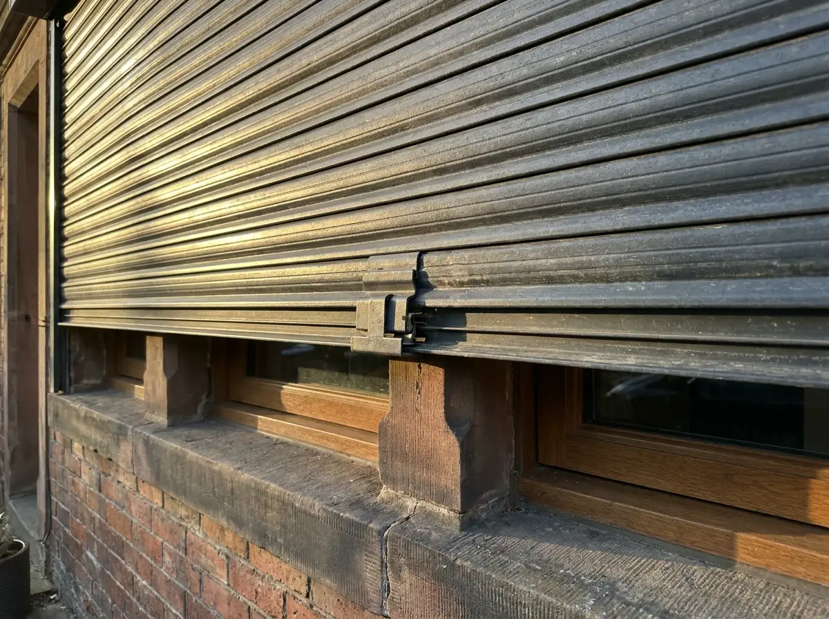 Close detail of an aluminium roller shutter slat mechanism half-closed on a Morningside townhouse