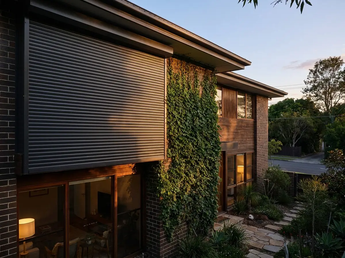 Charcoal roller shutter fully closed over an upstairs window at a double-storey Morningside home