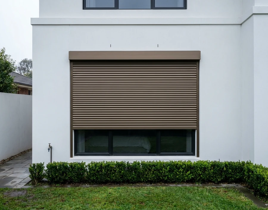 Bronze aluminium roller shutter run down its side guides over a ground-floor bedroom window of a white-plastered Morningside house on a grey morning