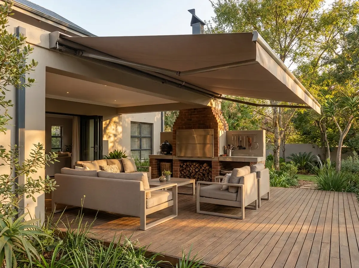 Covered braai patio at a Rivonia home shaded by a retractable fabric awning, with outdoor lounge seating